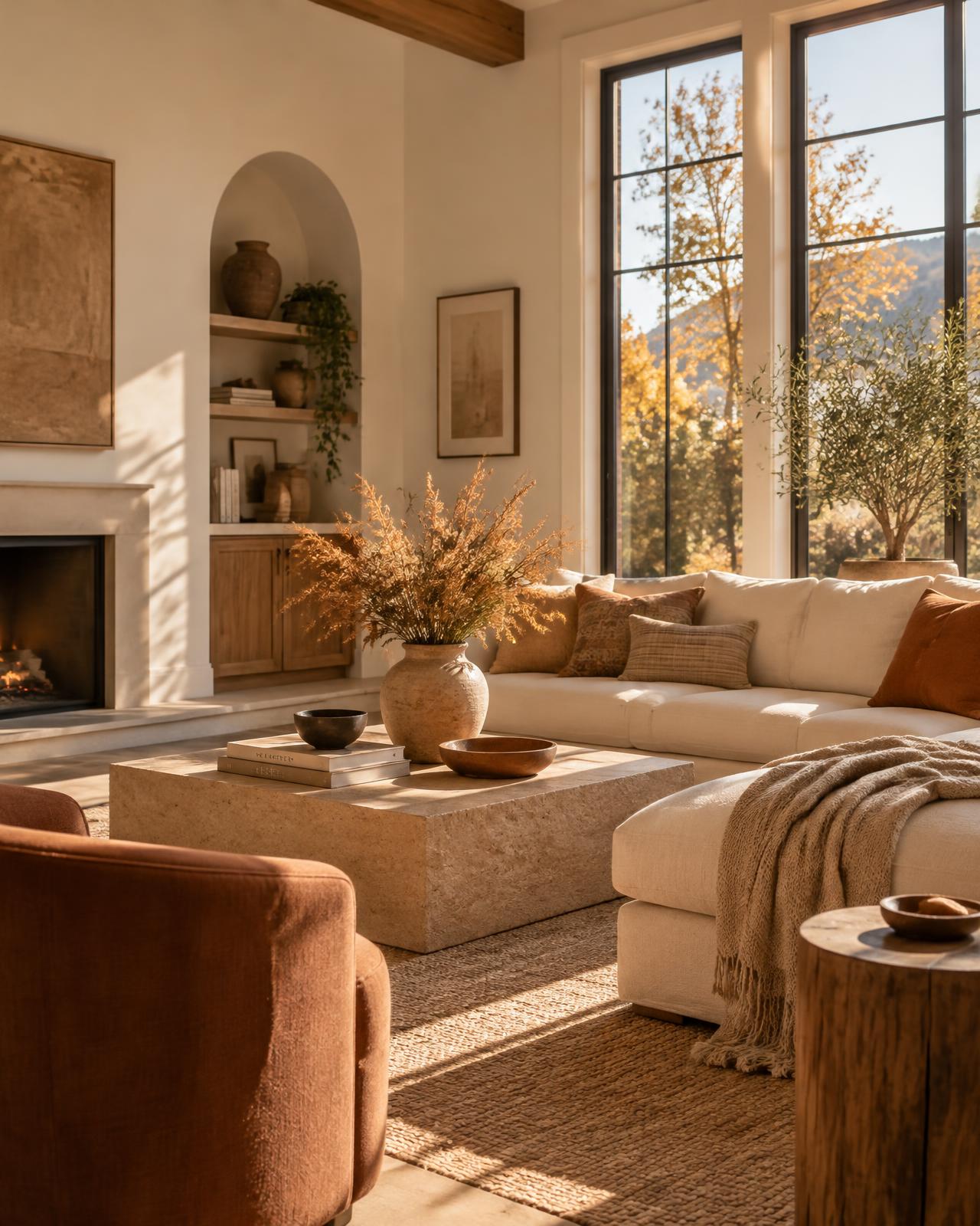 A warm, sunlit California living room in autumn